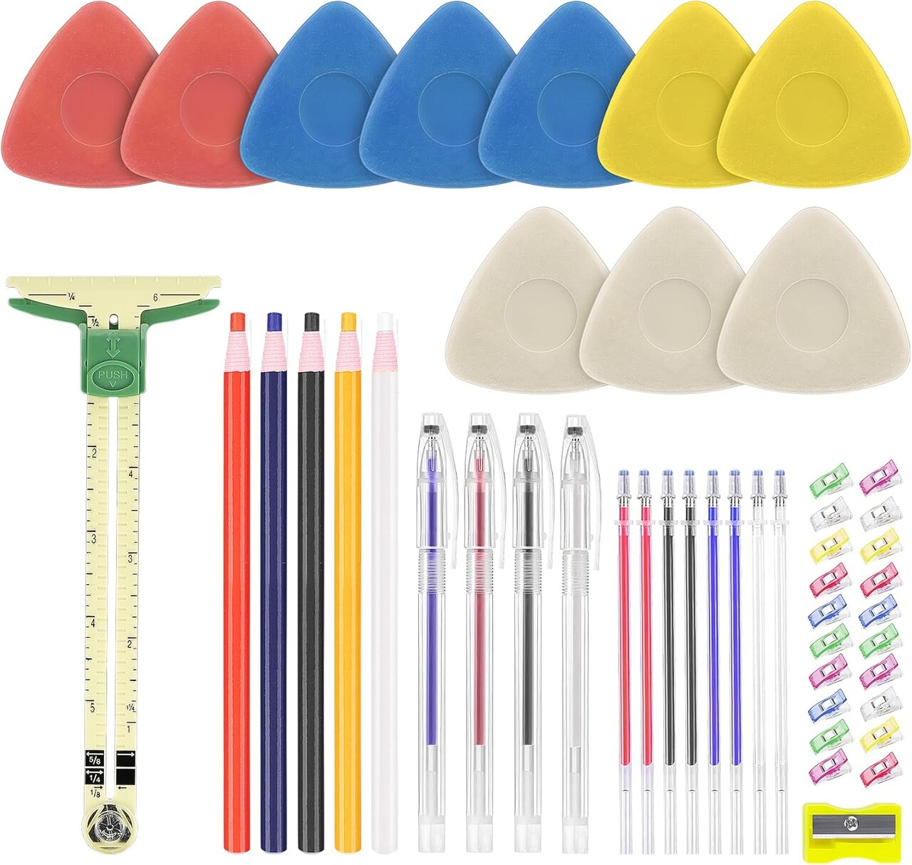 Sewing Tools Kit – 10 Chalks, 5 Markers, 12 Erasable Pens, 20 Clips & Gauge Ruler